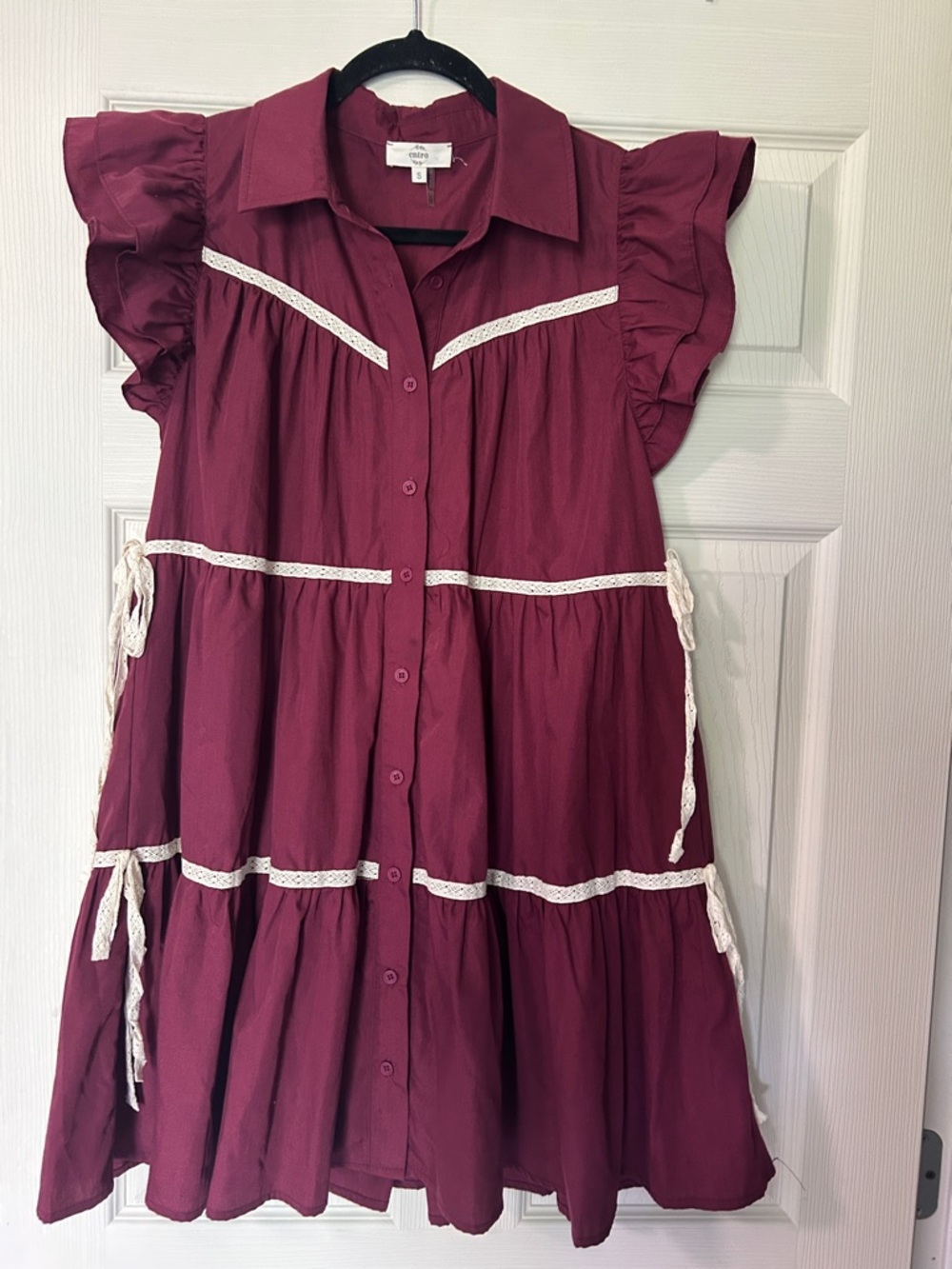 entro Burgundy Ruffle Tiered Dress with Lace Trim